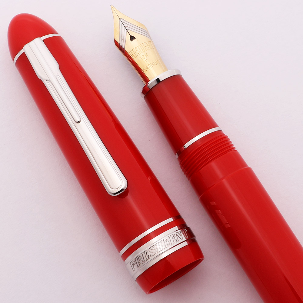 Platinum President Fountain Pen - Bright Red w Rhodium Trim
